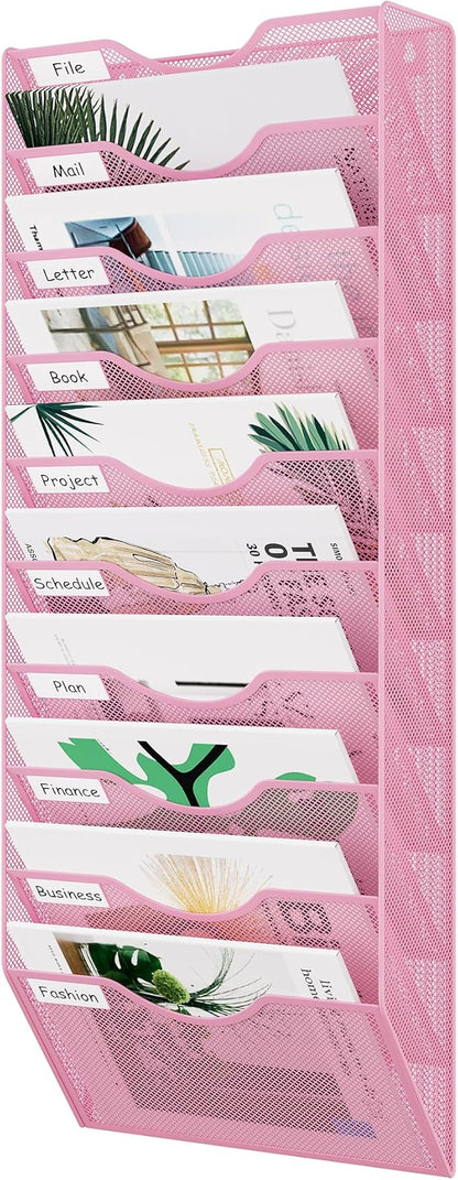 EasyPAG 10 Pocket Mesh Wall File Organizer, Hanging Paper Folder Holder with Classify Label, Vertical Wall Mount Mail Organizer for Office Home Classroom, Pink