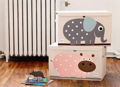 3 Sprouts Large Toy Chest for Kids with Lid and Handles - Collapsible Toy Storage Bin/Trunk/Box/Basket Organizer for Boys & Girls Playroom, Nursery, Hippo