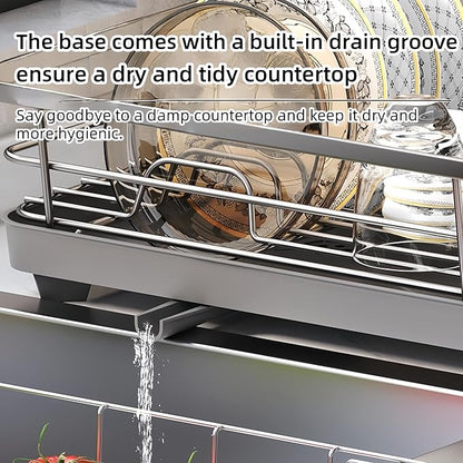 Kitchen Dish Drying Rack Self-Draining Adjustable 360° Rotating Drain Pipe Stainless Steel Large Capacity Tidy Countertop Easy Clean Home Kitchen Organization Family Use (White Chopstick Holder)