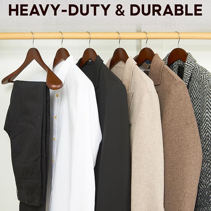 ELONG HOME Coat Hanger, 6 Pack Heavy Duty Wooden Hangers with Extra Wide Shoulder, 17.5" Luxury Suit Hanger for Closet, Walnut with 360 Swivel Hook & Strong Pant Bar