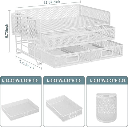 Marbrasse 3 Tier Mesh Desk Organizer with Drawer, Multi-Functional Desk Organizers and Accessories, Paper Letter Organizer with 2 Pen Holder for Home Office Supplies - White