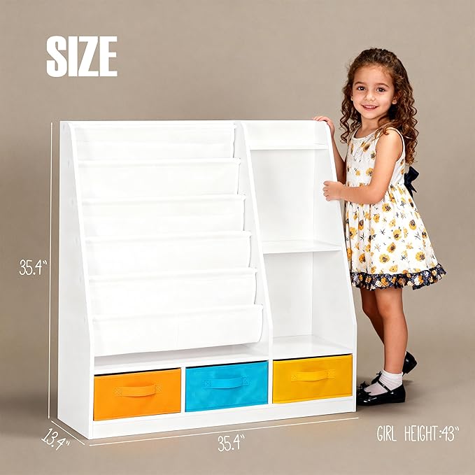 Spirich 5-Tier Kids Bookshelf with Storage Bins, Montessori Forward-Facing Book Display Toddler Bookcase, Wood Book Shelf for Kids Room, Classroom, Nursery, White