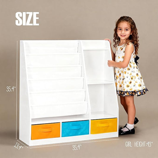 Spirich 5-Tier Kids Bookshelf with Storage Bins, Montessori Forward-Facing Book Display Toddler Bookcase, Wood Book Shelf for Kids Room, Classroom, Nursery, White