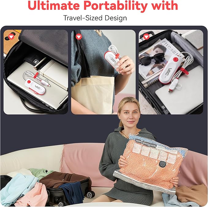 VACKFOX 12 Pack Travel Vacuum Bags for Clothing with USB and TYPE C Pump, Compression Seal Packing Cubes for Luggage Suitcase Backpack, Carry-on Size Space Saver Storage Bags for Vacation Cruise（Red）