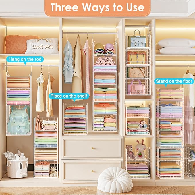 6 Tier Hanging Closet Organizer, Sweater Organizer for Closet, Stackable Wire Storage Basket Bins for Clothes Purse Shoes, Hanging Shelves with 4 Hooks & 3 Dividers Adjustable