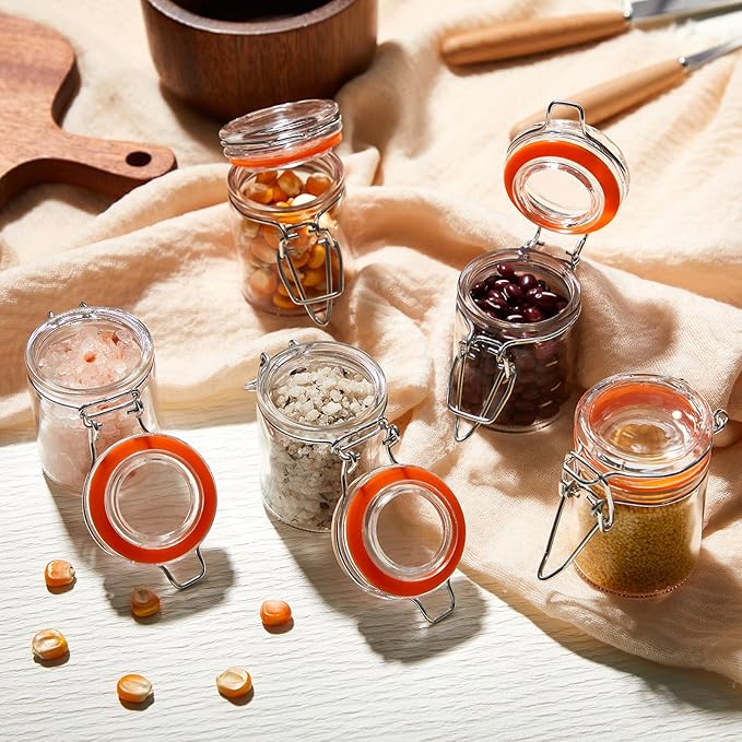 Norme 24 Pcs 1.7 oz Mini Glass Spice Jars with Airtight Hinged Lid Empty Spice Bottles with Leak Proof Rubber Gasket Small Clear Stash Jars for Home Kitchen Herb Tea Seasoning Sugar Storage Containers