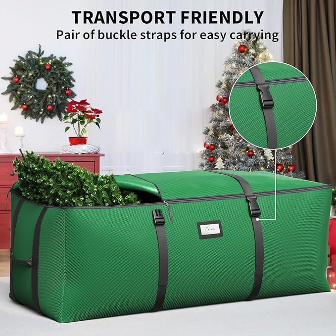 Christmas Tree Storage Bag, Fits Up to 9 Ft Artificial Christmas Tree with Buckle Straps & Dual Zippers & Handles, 600D PVC Durable Waterproof Material Protects from Dust (Green)