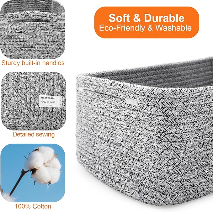 Small Storage Baskets for Organizing, Woven Storage Bins for Shelves, Gift Basket Empty, Cute Decorative Closet Organizer, Baby Rope Basket, Dog Toy Storage, 12.6x8.2x5”, 3Packs Mixed Gray