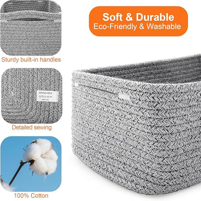 Small Storage Baskets for Organizing, Woven Storage Bins for Shelves, Gift Basket Empty, Cute Decorative Closet Organizer, Baby Rope Basket, Dog Toy Storage, 12.6x8.2x5”, 3Packs Mixed Gray