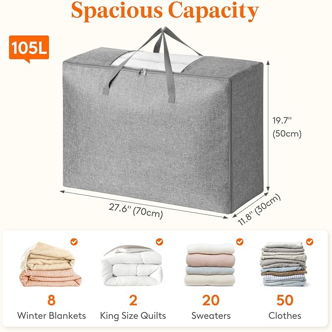 Lifewit 105L Comforter Storage Bag, 4 Pack Folable Storage Bins with Lids for Quilt, Duvet, Extra Large Bedding Storage Bags with Zippers and Handles, Clothes Organizers and Storage with Clear Window