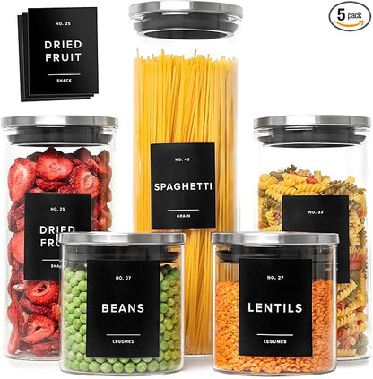 Glass Storage Containers with Stainless Steel Lids [Extra Thick Glas] with 54 Labels - Canister For Pantry Noodles Flour Cereal Rice Sugar Tea Coffee Beans - Round Set of 5x