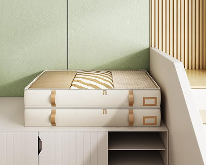Vailando Under Bed Storage Containers, 6 Inches Tall 60L Underbed Storage Bins with Leather Handles and Sidewalls, Closet Organizer for Clothes, Blankets, Seasonal Items, Beige with Brown, 2-Pack