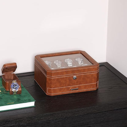 ROTHWELL 8 Slot Leather Watch Box with Valet Drawer - Luxury Case Display Jewelry Organizer, Locking Display Case Holder, Real Glass Top - Watch Box Organizer for Men & Women (Tan/Brown)