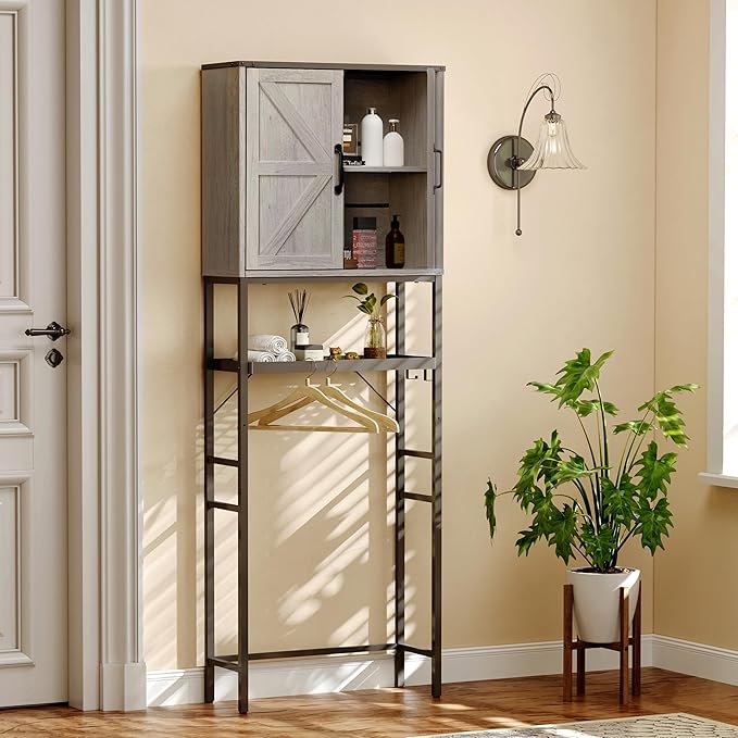 Timboniture Over The Toilet Storage Cabinet, Bathroom Above Toilet Cabinet Organizer with Doors and Adjustable Shelves, Bathroom Shelf Organizer with Anti-Tip Device & Drain Rack, Grey