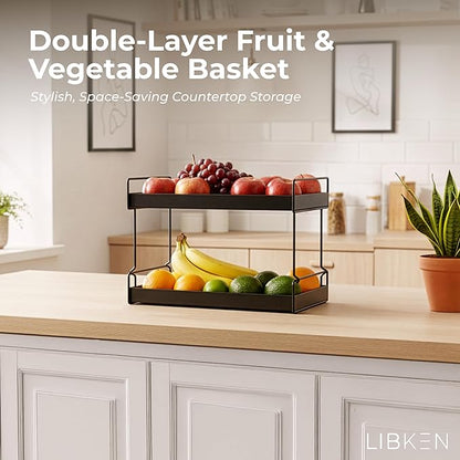 2-Tier Fruit Basket for Kitchen Counter – Black Powder Coated Metal Fruit Stand – Minimal Scandinavian Design Countertop Organizer for Fruits, Vegetables, Bread, Snacks – Sturdy & Easy Assembly
