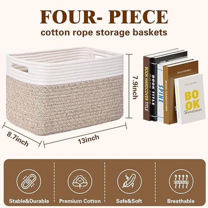 Storage Baskets for Organizing, 4 Pack Storage Baskets for Shelves, Woven Basket for Shelves, Closet Organization, Rectangle Organizer Basket Gifts Empty, 13"Lx8.7"Wx7.9"H Decorative Bins with Handles