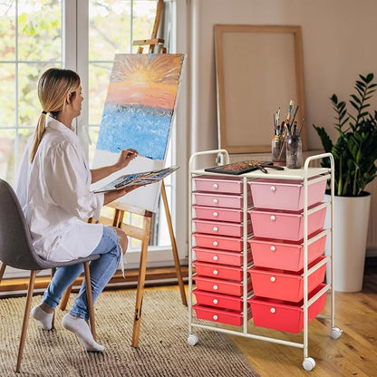 KOTEK 15-Drawer Rolling Storage Cart, Multipurpose Mobile Utility Cart with 4 Wheels, Home Office School Tools Scrapbook Paper Organizer (Pink)