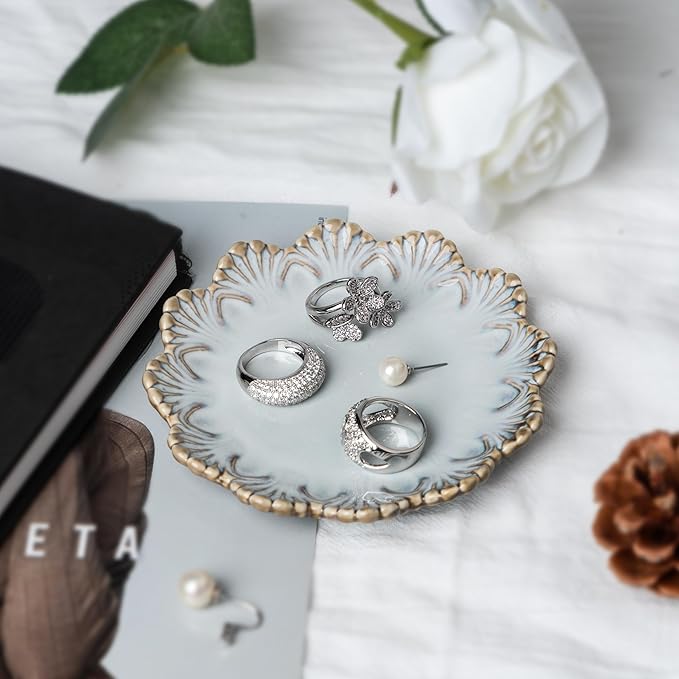 Ceramic Jewelry Dish, Decorative Tray for Rings Earrings Necklaces Bracelet Watch Keys, 4.50" Trinket Tray as Gifts for Women (Reactive Shell)
