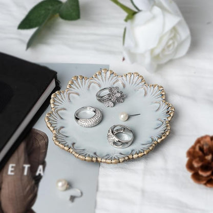 Ceramic Jewelry Dish, Decorative Tray for Rings Earrings Necklaces Bracelet Watch Keys, 4.50" Trinket Tray as Gifts for Women (Reactive Shell)