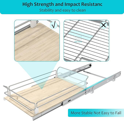 Pull Out Cabinet Organizer 15" W X 22" D, Slide Out Drawers For Kitchen Organizers and Storage, Pull Out Drawers For Cabinets Capacity Heavy Duty Caddy, Cabinet Shelves Wood Chrome, Pantry Storage