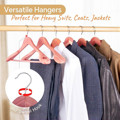 HOUSE DAY Wide Shoulder Cedar Hangers for Suits and Coats with Non Slip Pant Bar,360° Swivel Hook, Smooth Finish Cedar Wood Hangers for Closet, Closet Essentials, 5 Pack