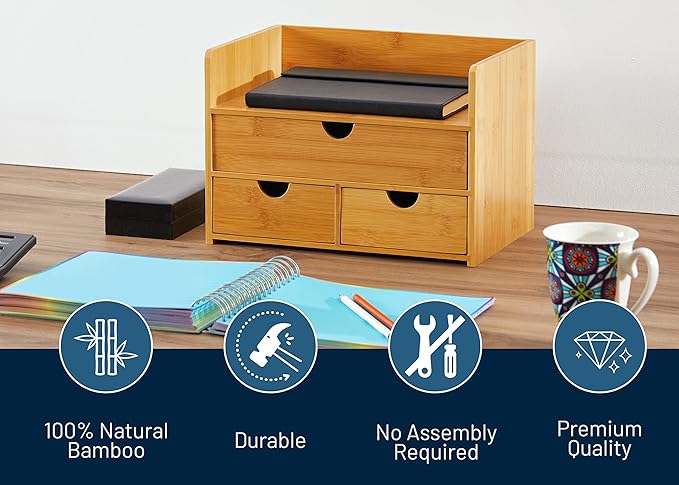 RoyalHouse Premium Natural Bamboo Desktop Organizer, Attractive Design 3 Tier, Table Top Storage for Documents & Office Supplies, Accessories And More, No Assembly Required (3 Drawer with Shelf)