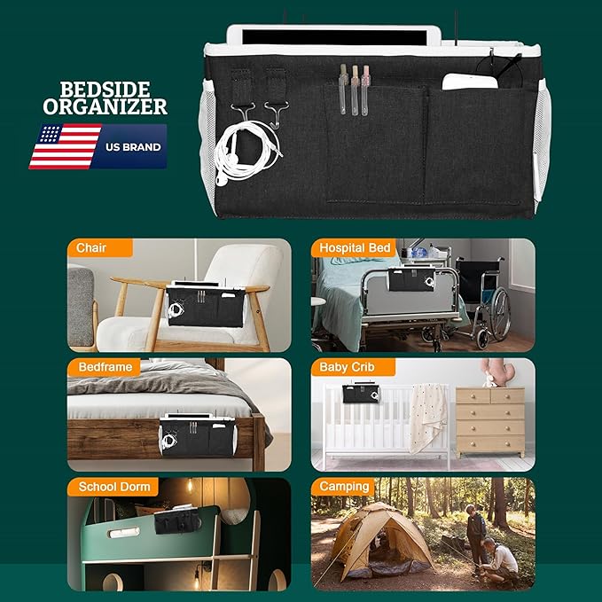 ADVANCELLPRO Bedside Caddy Organizer Hanging Storage Bag with Pockets for Books, Magazines, Phone, Tablet & Water Bottle – Bedside Storage for Dorm, Bunk Beds, Hospital Beds & Cribs, Black