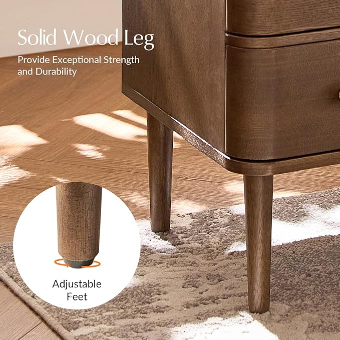 HULALA HOME Modern End Table Set of 2 with Charge Station, 3 Drawer Wood Side Table with Solid Wood Legs & Adjustable Feet, Curved Design End Table, Walnut