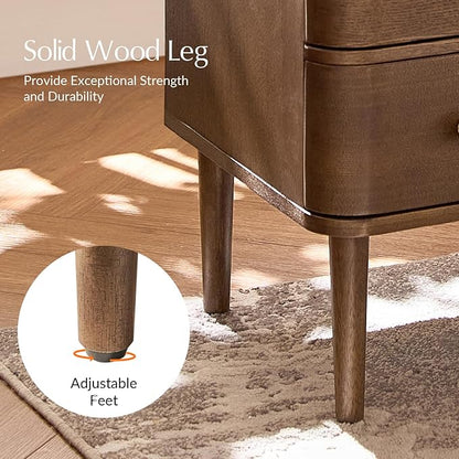 HULALA HOME Modern End Table with Charge Station, 3 Drawer Wood Side Table with Solid Wood Legs & Adjustable Feet, Curved Design End Table, Walnut