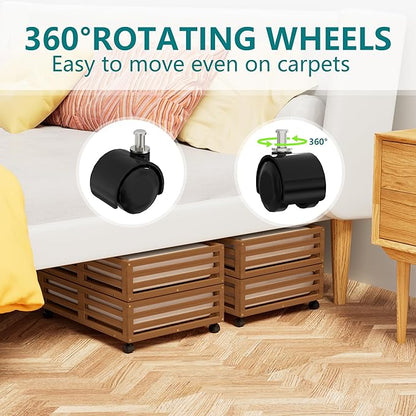 Wisuce Bamboo Under Bed Storage Containers- Underbed Organizer with Wheels with Large Dust Bag,Sturdy Wood Rolling Under the Bed Shoe Storage Organizer Drawer 2 Packs (Walnut, Small)
