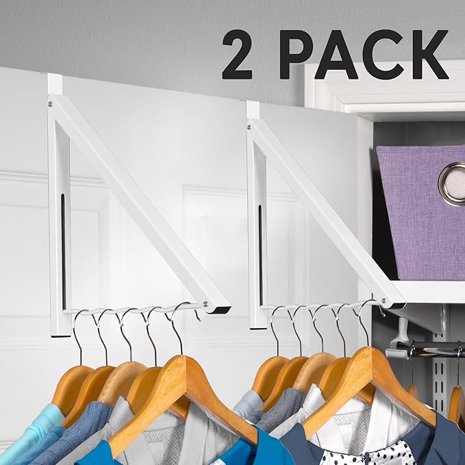 HOLDN’ STORAGE Over The Door Hanger - Single Foldable Rack Organizer for Hanging Clothes, Coats & Towels, Ideal for Dorm Rooms, Laundry, Bathrooms, Etc - Holds up to 20 LBs - White (2 Pack)