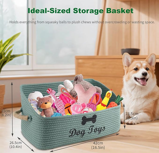 Dog Toy Basket-100% Cotton Rope Dog Toy Bin for Living Room Area-Trapezoid Pet Toys Box with Sturdy Handle-Puppy Bed-Dog Stuff Organizer for Toys,Collar,Leash,Blanket-Chew Proof -Green