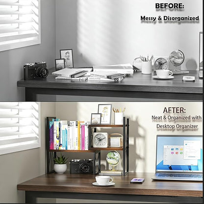 Desktop Shelf Organizer,Small Bookshelf for Office,Wood Desk Top Shelves, Office Organization and Storage (Brown)