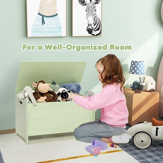 Costzon Wooden Toy Box, Kids Large Trunk Chest with Safety Hinge & Handles, Flip-Top Storage Organizer for Children’s Playroom Bedroom Living Room Entryway (Green)
