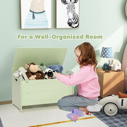 Costzon Wooden Toy Box, Kids Large Trunk Chest with Safety Hinge & Handles, Flip-Top Storage Organizer for Children’s Playroom Bedroom Living Room Entryway (Green)