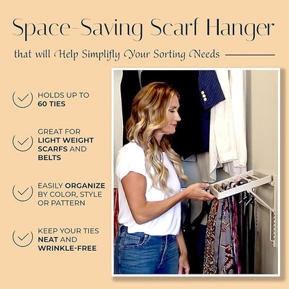 TieMaster Tie Rack and Scarf Organizer, Battery-Free Design, Holds 60 Ties and Scarves with 5 Belt Hooks, Easy Installation, Wall Mounted Tie Organizer, for Men & Women