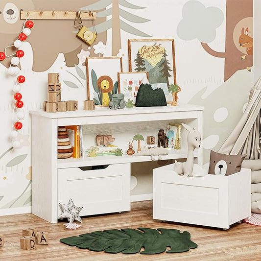 IRONCK Toy Storage Organizer with Drawers, Floor Toy Box with Wheels and Open Shelf, Storage Chest for Nursery, Playroom and Bedroom, White