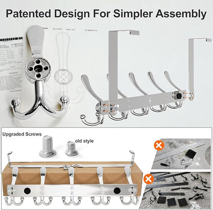 Dseap Over Door Hook 2.0 - Upgraded Version - Simple-Assembly, Strong, Heavy-Duty Stainless Steel 5-Tri-Hook Over The Door Hanger Rack, SimpleStrong Series, Chromed, Pack of 2