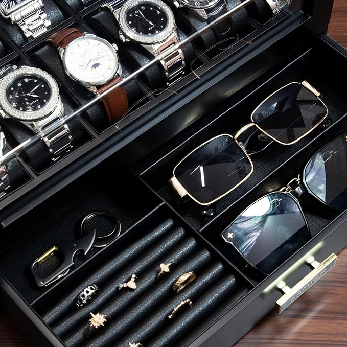 High End Watch Box for Men, 12 Slot Wooden Watch Case With Drawer, Watch Display Box with Glass Lid, 2-Layer Watch Holder for Jewelry and Watch Storage for Men Women , Ideal for Gift (With Gift Box)