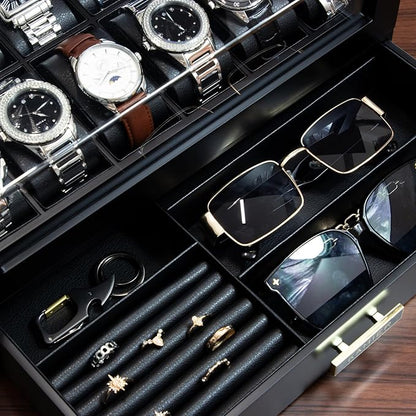 High End Watch Box for Men, 12 Slot Wooden Watch Case With Drawer, Watch Display Box with Glass Lid, 2-Layer Watch Holder for Jewelry and Watch Storage for Men Women , Ideal for Gift (With Gift Box)