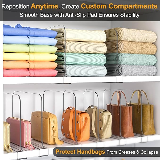 OKPOW Shelf Dividers for Closet Organization - 8" Tall X 12" Deep Acrylic Clear Sturdy Separators for Clothes Purse - Adjustable Removable Easy to Install Storage for Wood Cabinet Housewife 10 Pack