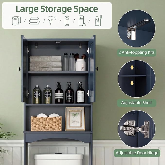 OONNEE Over The Toilet Storage Cabinet, Above Toilet Organizer with 2 Rattan Doors, Modern Blue Finish, 24x70 inch Space Saving Freestanding Bathroom Cabinet