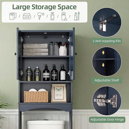 OONNEE Over The Toilet Storage Cabinet, Above Toilet Organizer with 2 Rattan Doors, Modern Blue Finish, 24x70 inch Space Saving Freestanding Bathroom Cabinet