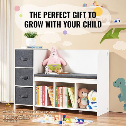 VEVOR Kids Reading Nook Bench, Toddler Bookshelf and Bookcase with Detachable Seat Cushion, 6-Cubby Storage Organizer Bench with 3 Drawers, Ideal for Playroom, Bedroom, Living Room or Entryway, White