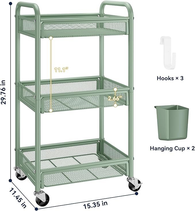 YASONIC 3 Tier Rolling Cart – Metal Utility Storage Carts with Wheels, Craft Carts Organizer with Hanging Cups, Hooks, Mesh Basket for Bedside Kitchen Office Art, Green