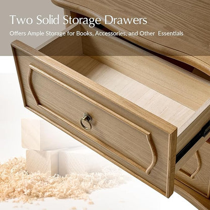 HULALA HOME Nightstand Set of 2 with 2 Drawers of Sculpted Drawer Front, French End Table with Curved Tabletop, Vintage Night Stand with Charging Station, Solid Wood Legs(Oak)