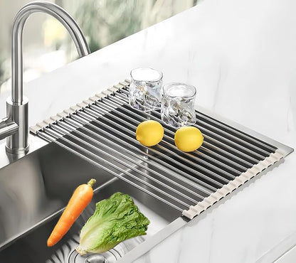 Sayehuanye Roll Up Dish Drying Rack, 17.7" x 11.8" Over The Sink Dish Drying Rack, Kitchen Dish Rack Foldable Dish Drainer, Stainless Steel Dish Drying Rack for Kitchen Sink Counter Storage (Grey)