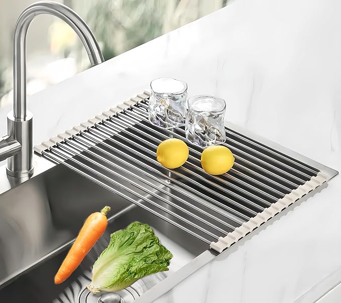 Sayehuanye Roll Up Dish Drying Rack, 17.7" x 15.8" Over The Sink Dish Drying Rack, Kitchen Dish Rack Foldable Dish Drainer, Stainless Steel Dish Drying Rack for Kitchen Sink Counter Storage (Grey)