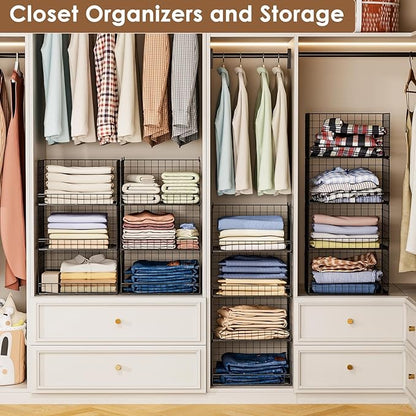 4-Tier Stackable Closet Organizers and Storage Shelves, Clothes Shelf Organizer Basket Bins, Foldable Sweater Storage for Closet Organizer System, Black (Patent Pending)