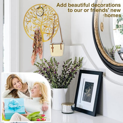 Round Decorative Home Key Holder Wall Mount, 2 Pack Metal Tree Car Key Rack for Wall Organizer for Keys, Wallets, Hats, Used for Decor for House Entryway, Kitchen, Garage, Office (12" Gold)